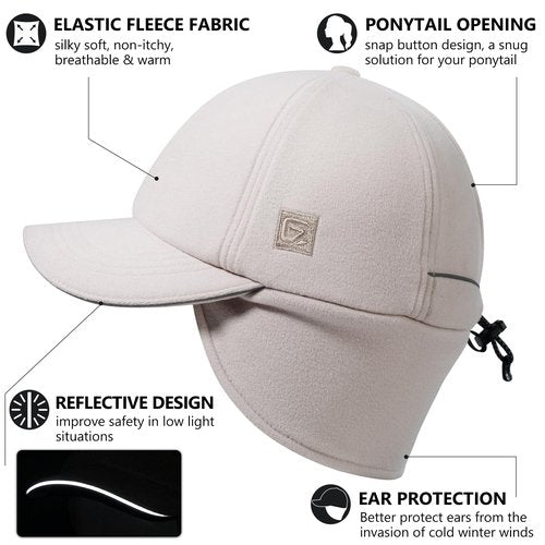 GADIEMKENSD Women's Fleece Ponytail Hat with Reflective Winter Ear Flaps Cold Hat with Adjustable Headband and Drop Down Ear Warmers Ball Cap Beanie for Snowy Golf Skiing Hiking Running Khaki
