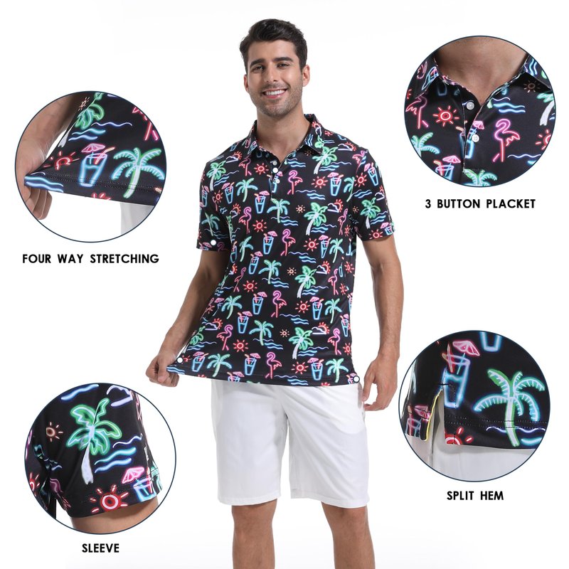 Men's Polo Shirt Short Sleeve Golf Shirt for Men Dry Fit Neon Flamingo Palm Print Casual Collared Mens Golf Polo Shirts Short Sleeve Golfing Polo for Men, 3X-Large
