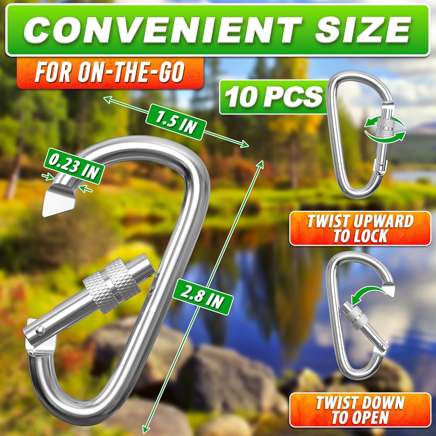 3 Inch Carabiner Clip with Screw Lock - 10 PCs Aluminum Locking Carabiner Clip, Multicolor (Red, Orange, Purple, Blue, White) D Ring for Backpack, Lightweight & Easy to Use, Cool for Camping & Hiking