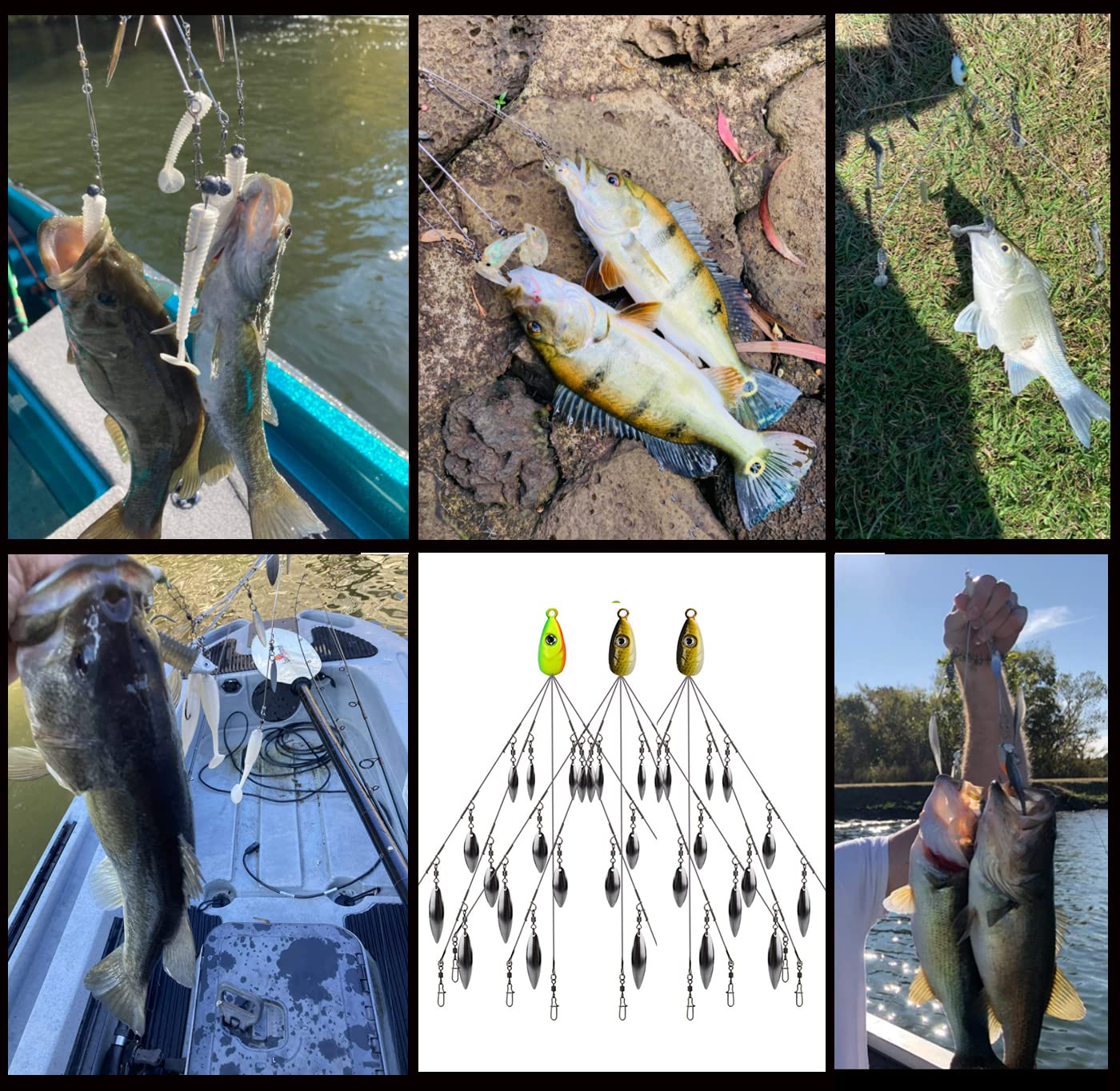 HCHinn 3pcs Alabama Rig for Bass Striper Fishing Lures Baits 5 Arms Umbrella A-Rig Swimbaits with 12 Willow Leaf Blades for Trout Perch Walleye Freshwater/Saltwater Boat Trolling and More