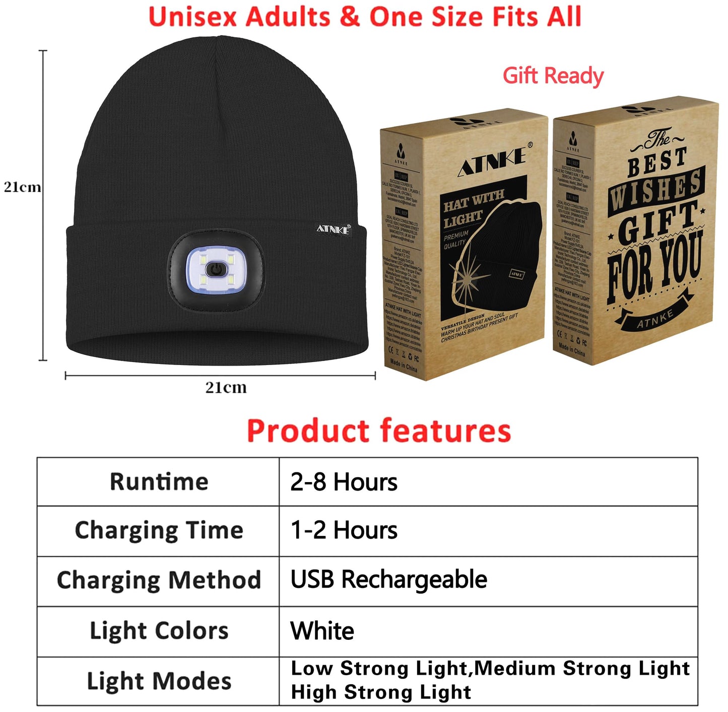 ATNKE 2Pcs LED Lighted Beanie Hat,USB Rechargeable 4 LED Running Headlamp Bright Cap with Light Gifts for Men and Women/#Black