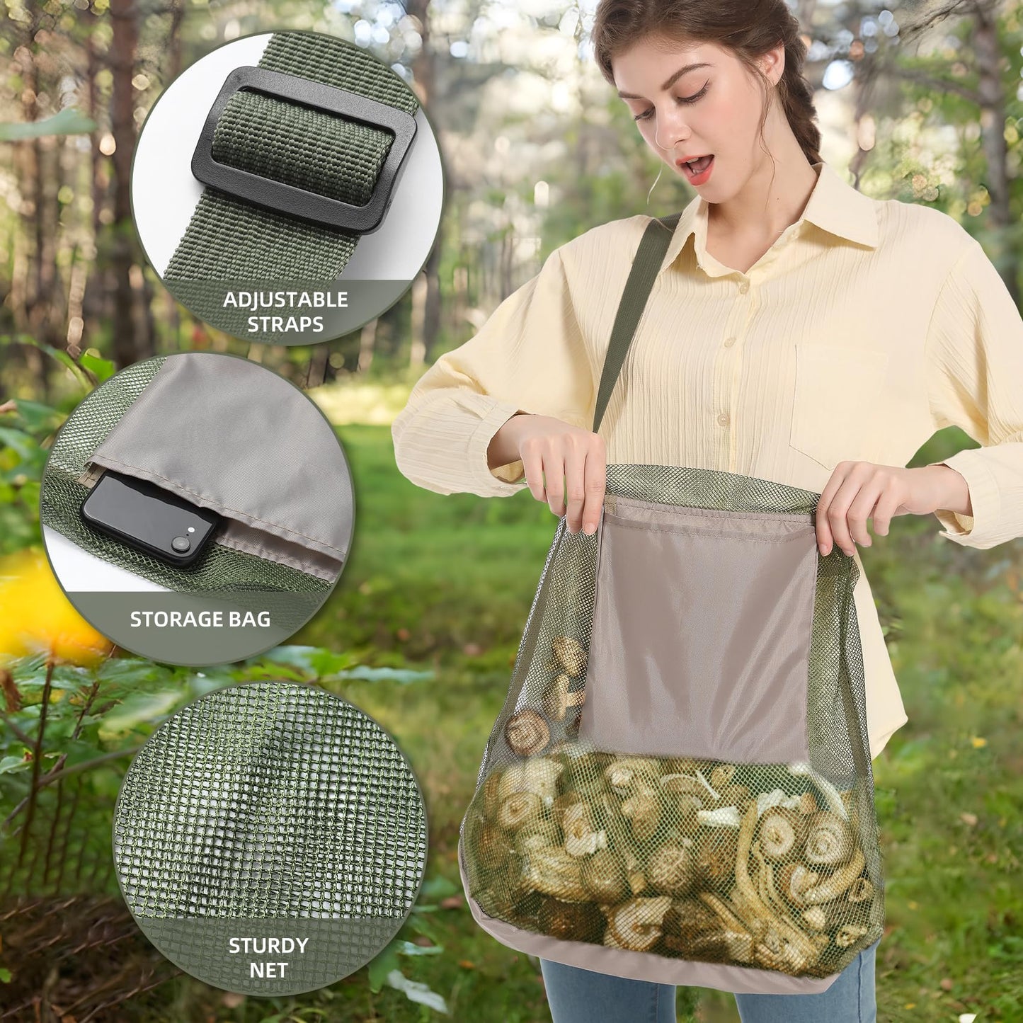 Mushroom Foraging Hunting Bag (17x16 Inches) - Foraging Kit With Mesh Bag, Adjustable Shoulder Strap, Ideal Gift For Mushroom Foragers (2 pack)