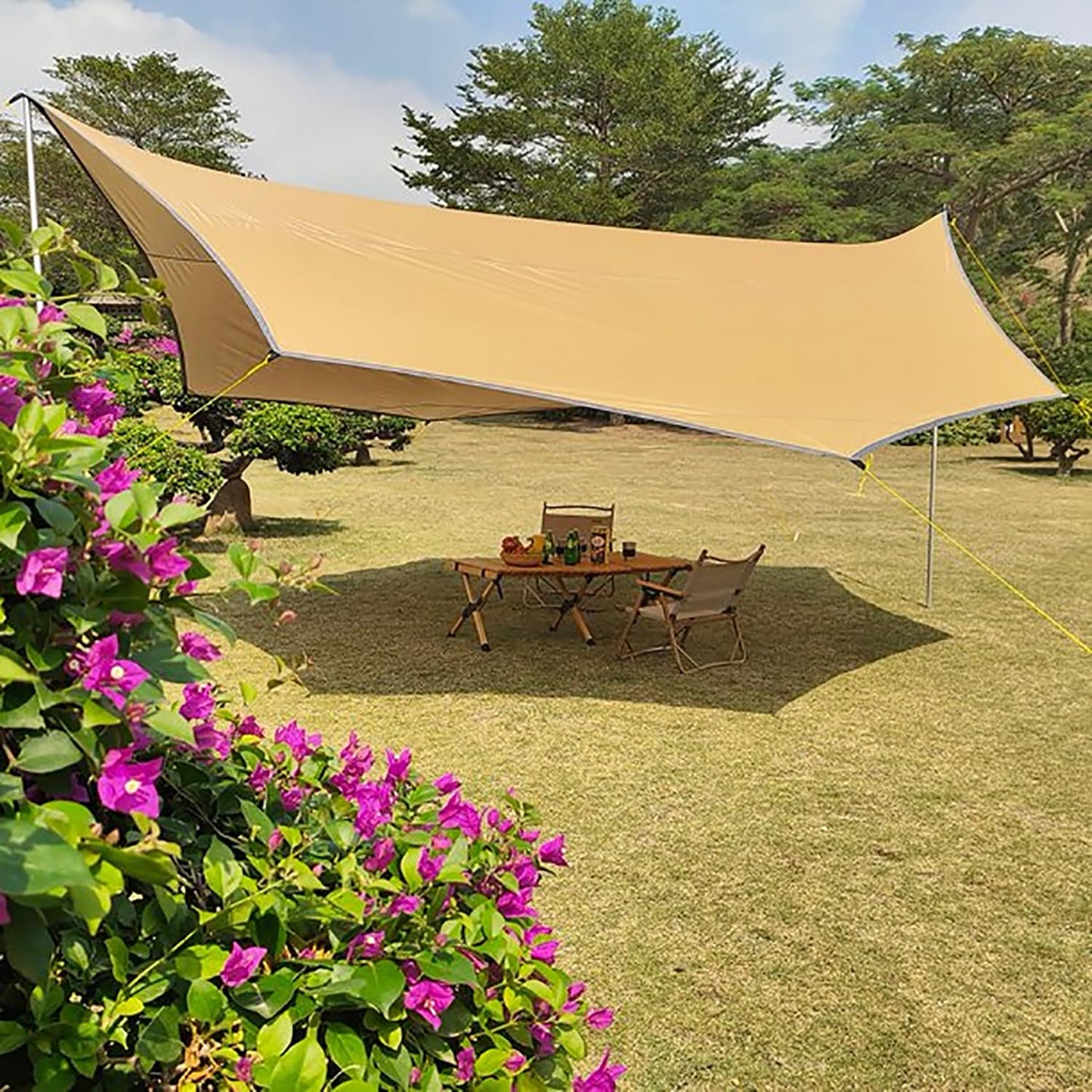16x16 ft Large Camping Tarp Waterproof Hammock Rain Fly Camping Awning Sun Shelter Khaki (Without Pole) (Khaki)