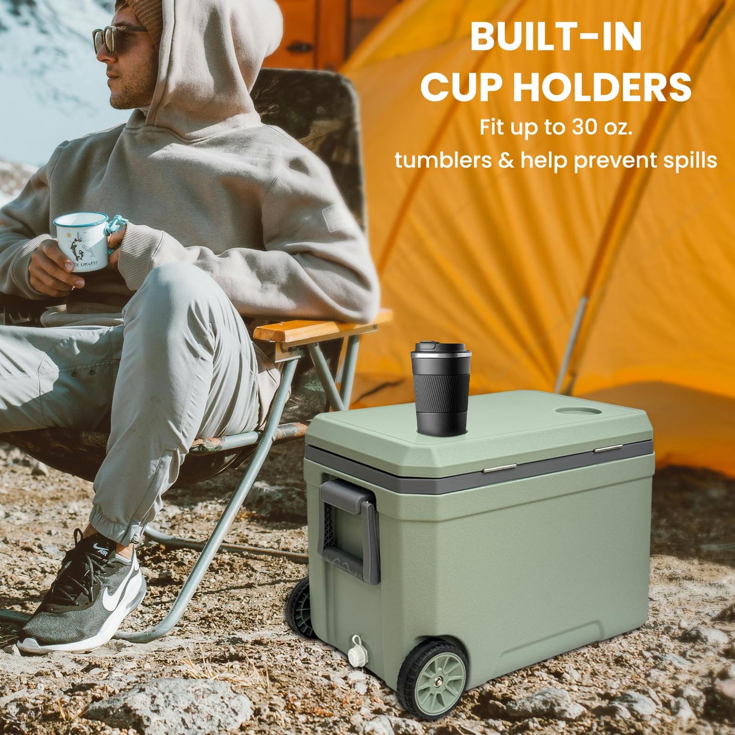 JUST-V 45L Cooler Insulated Portable Ice Chest Box with Heavy Duty Wheels Keeps Ice for up to 5 Days, Great for Beach, Camping, Tailgating, Sports, & More Green