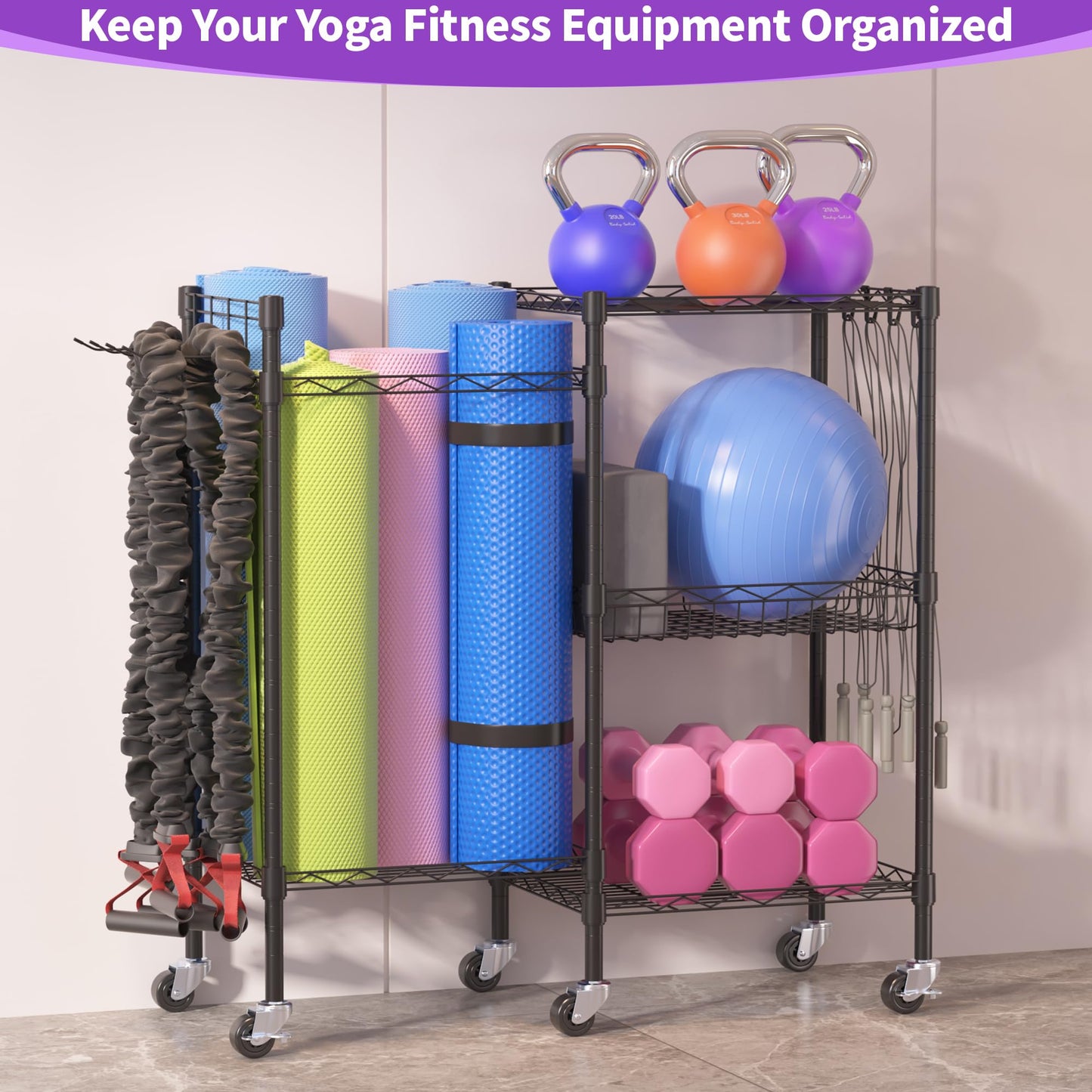 lesolar Rolling Yoga Mat Storage Rack, Yoga Storage Organizer for Home Gym Storage, 3 Tiers Gym Equipment Rack for Straps Dumbbells Kettlebells Foam Rollers Light Hand Weights Resistance Bands