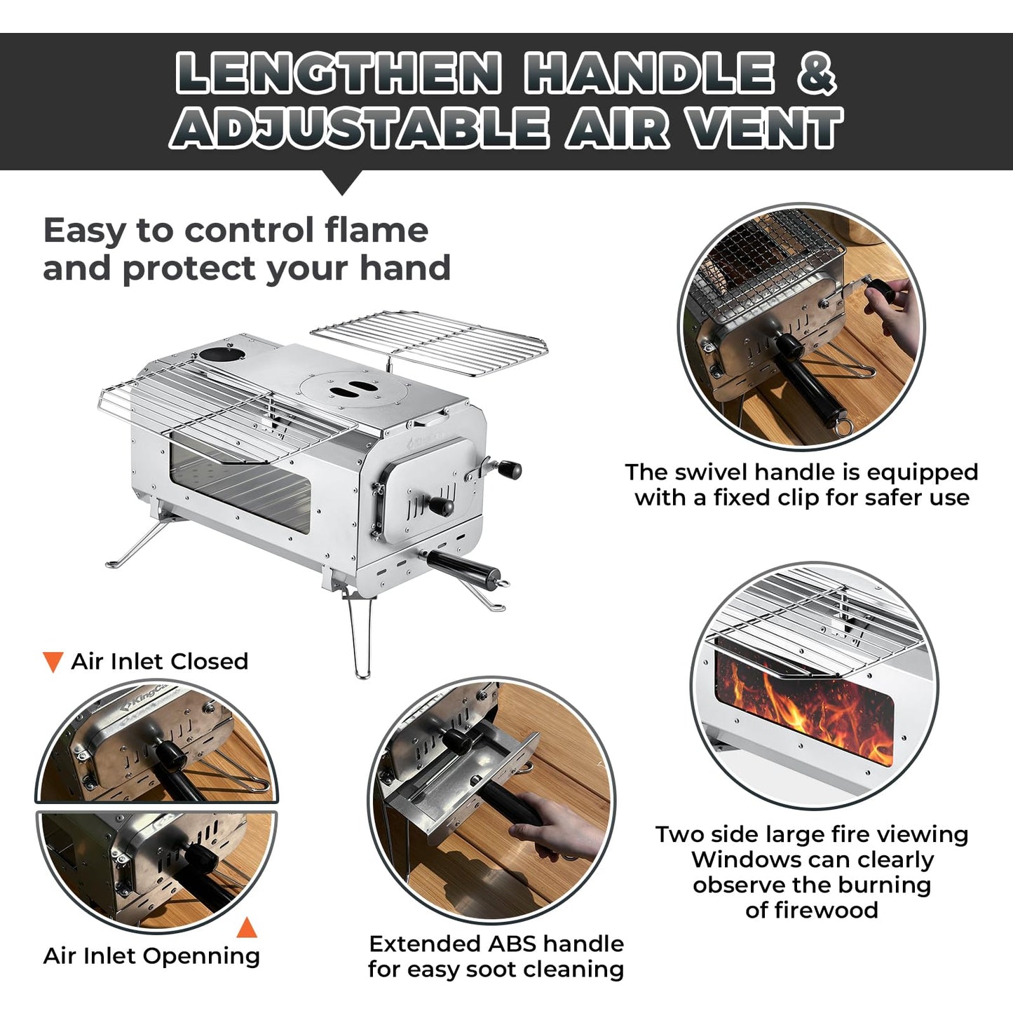 KingCamp Hot Tent Stove, Foldable Camping Stove with Large Firebox, 7.5ft Winter Camping Stove for Tent, Shelter, Cabin Heating, With Chimney Pipes, Heat Resistant Glass & Gloves for Outdoor