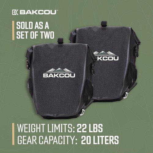 Bakcou - Pannier Bags - Set of 2 Waterproof, Lightweight, Sturdy, Anti-Puncture Canvas, Quick Release Clamps, Reflective Logo - 20L Capacity