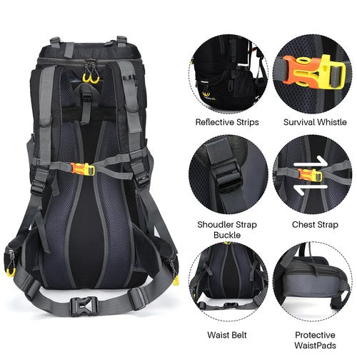ShowyLive 60L Hiking Backpack for Men/Women - Lightweight Waterproof Travel Backpack with Rain Cover, Multi-Compartments, Adjustable Straps - Large Camping Bag for Outdoor Adventures (Black)