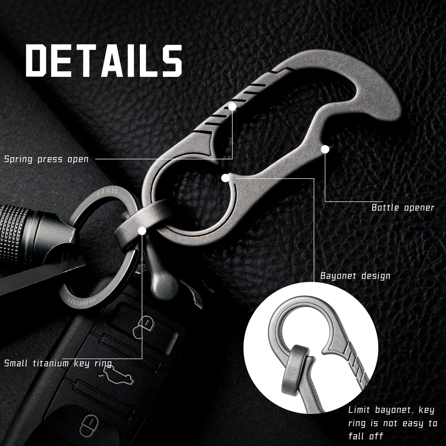 TISUR Titanium Carabiner Keychain Clip, Heavy Duty EDC Carabiner, Anti-Lost Key Ring Holder, Mens Key Chain Hooks(Grey Large - with bottle opener)