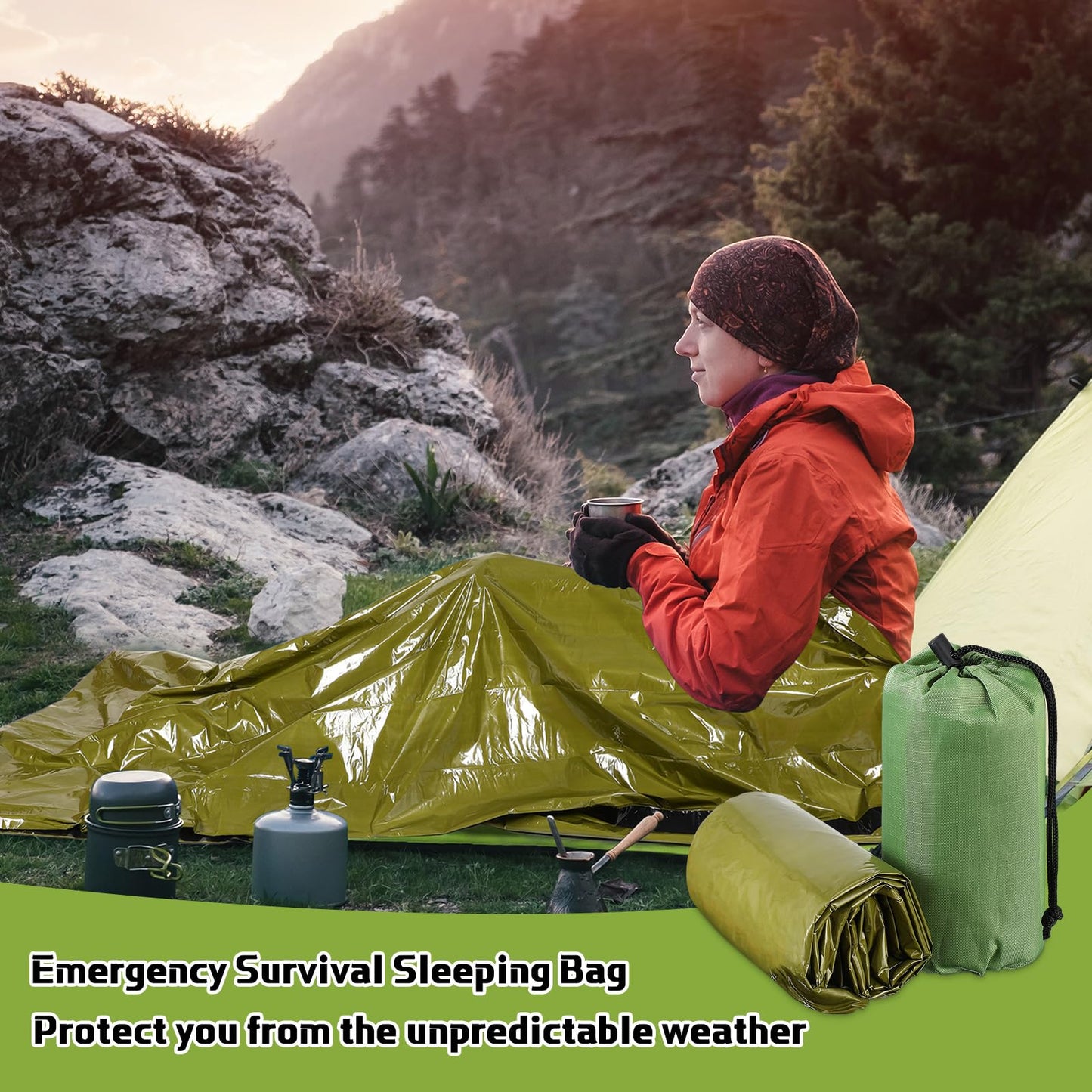 Mixweer 12 Pcs Emergency Sleeping Bag Portable Survival Sleeping Bag Thermal Bivy Sack Lightweight Emergency Shelter for Homeless People Waterproof Bivy Bag for Camping Hiking Adventure Outdoor, Green