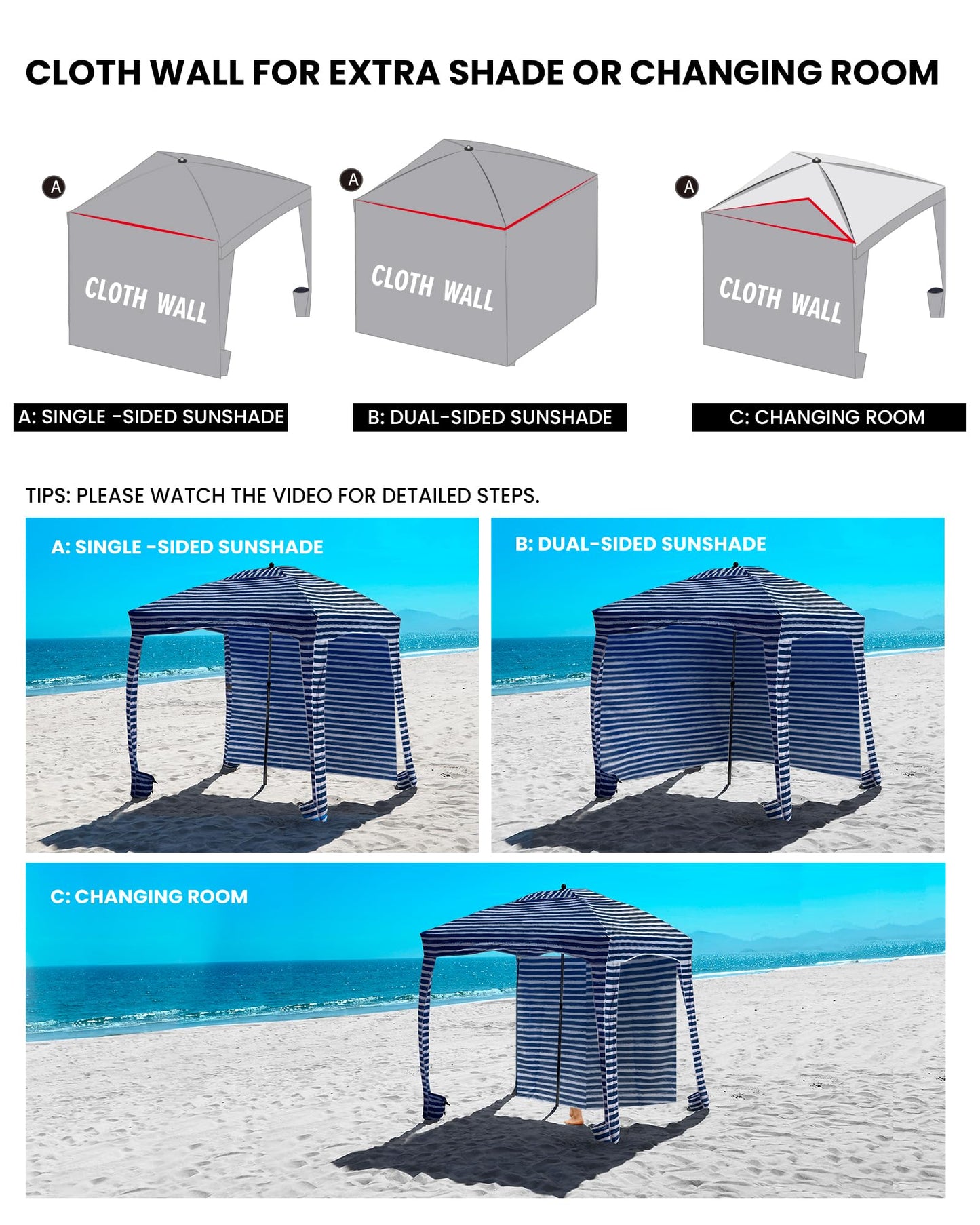 Qipi Beach Cabana - Easy to Set Up Canopy, Waterproof, Portable 6' x 6' Beach Shelter, Included Side Wall, Shade with UPF 50+ UV Protection for Kids, Family & Friends