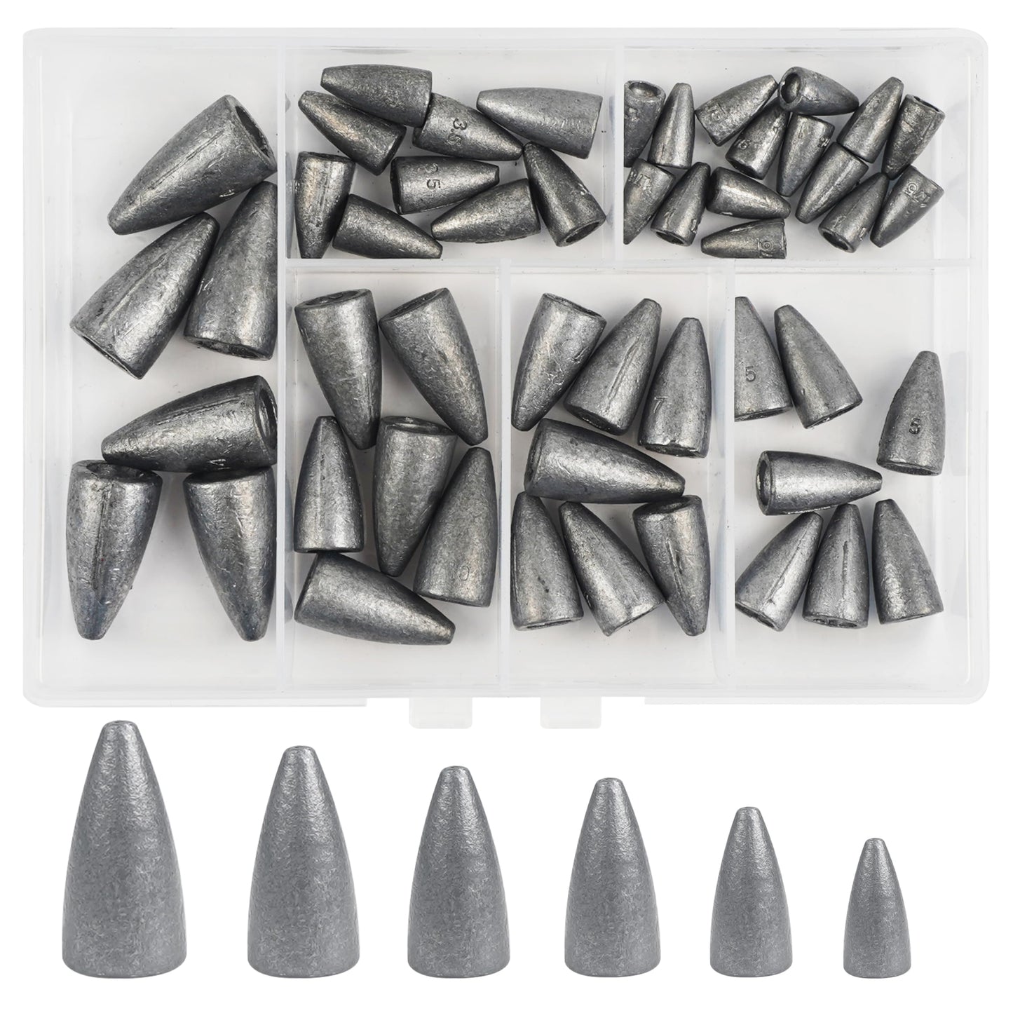 JOGFFDE 50pcs Bullet Fishing Weights Sinker Kit Worm Weights Slip Fishing Sinkers Sliding Weights for Bass Fishing Texas Rigs Freshwater Saltwater Fishing Tackle, Assorted, Unpainted