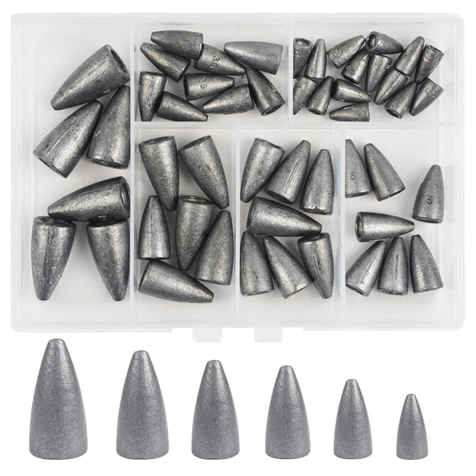 JOGFFDE 50pcs Bullet Fishing Weights Sinker Kit Worm Weights Slip Fishing Sinkers Sliding Weights for Bass Fishing Texas Rigs Freshwater Saltwater Fishing Tackle, Assorted, Unpainted