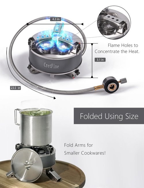 CretFine 6800W Windproof Camping Stove with Adapters, Foldable Backpacking Triple Burner with Portable Case, Piezo Ignition, Compatible with Propane, Butane, and Isobutane for Hiking, Camp Cooking