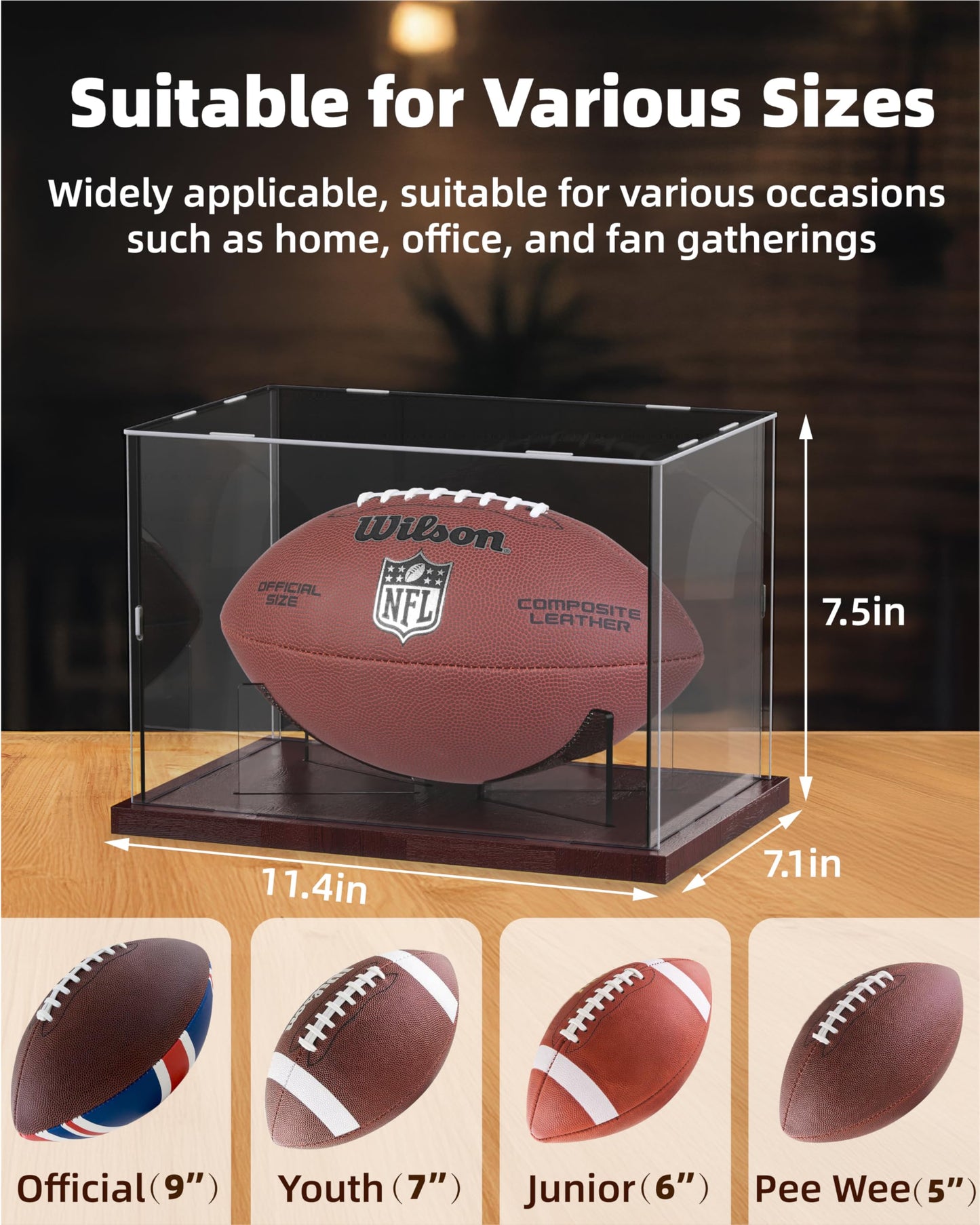 Fitense Football Display Case Acrylic Clear, Football Stand Holder Full Size with Solid Wood Base, UV Protected Football Display Box with Removable for Football Fans & Collectors, Memorabilia & Gift