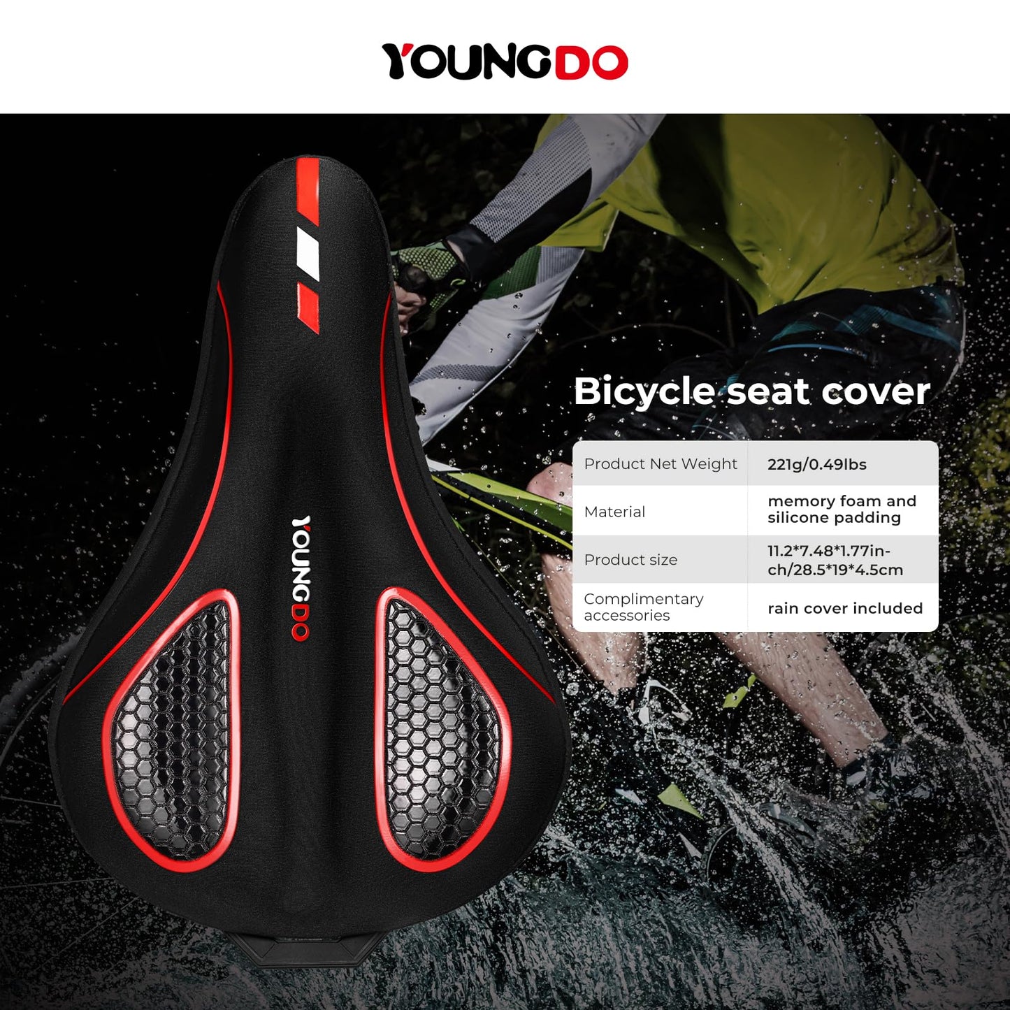 YOUNGDO Bike Seat Cushion with Waterproof Gel Bike Seat Cover, 11.2" x7.4, Bicycle Seat Cushion for Bike Seat, Shock Absorbing, Seats Cushion Fit for Peloton, BMX, MTB & Road