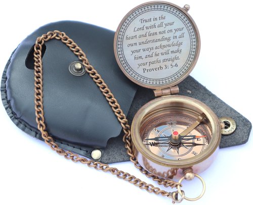 MADSNIIB Brass Engraved Compass, Nautical Compass with Leather Case, Antique Gift for Birthday, Wedding, Anniversary, Christmas, Valentine, Portable Compass for Hiking (Trust in The Lord)