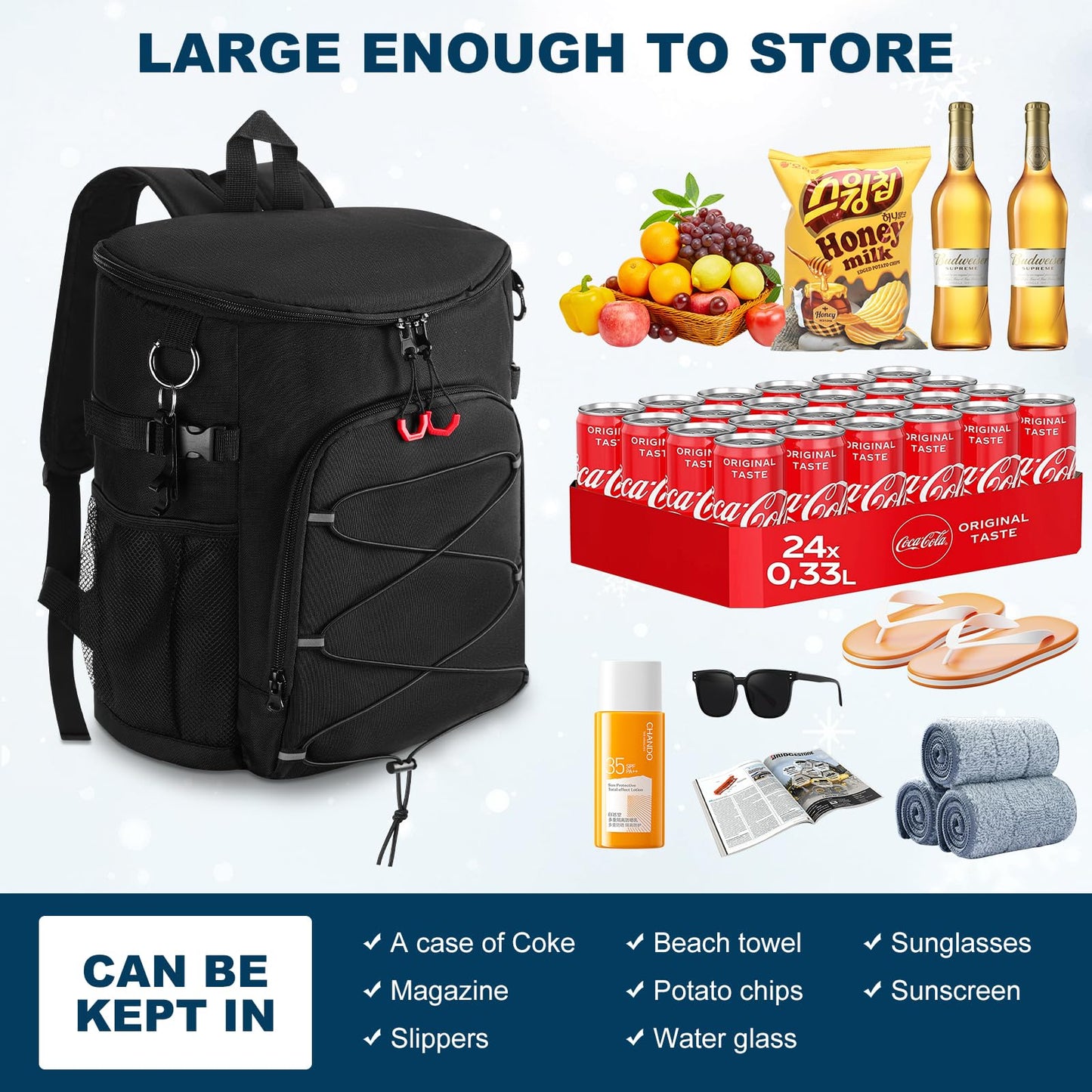 Karamagic Cooler Backpack 30 Cans,Portable Backpack Coolers Insulated Leak Proof,Made with Water-Resistant 900D Oxford Lightweight Cooler Bag for 12h Hot/Cold Retention (Black(900D))