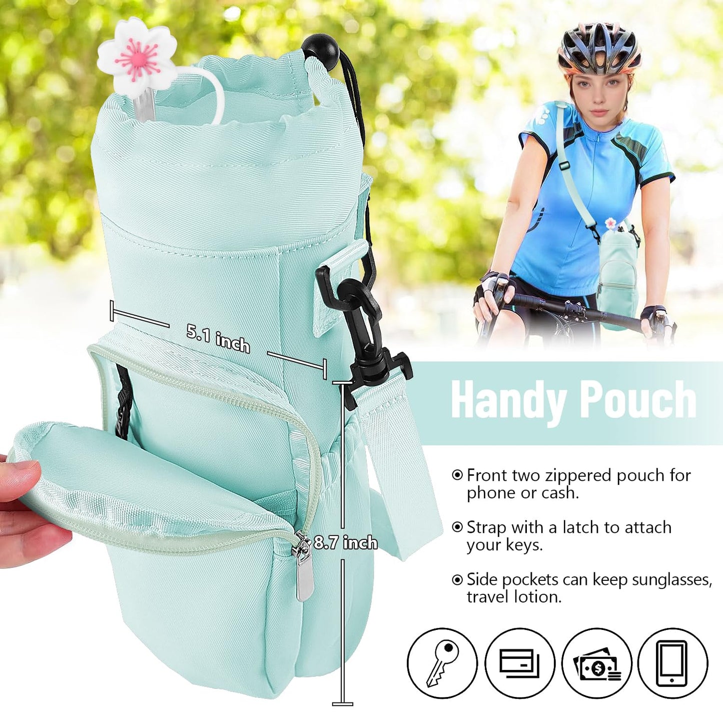 2win2buy Stanley Tumbler Carrier Bag - Water Bottle Holder with Strap - Sling Bag for 40 oz Cup - Green, Floral Pattern