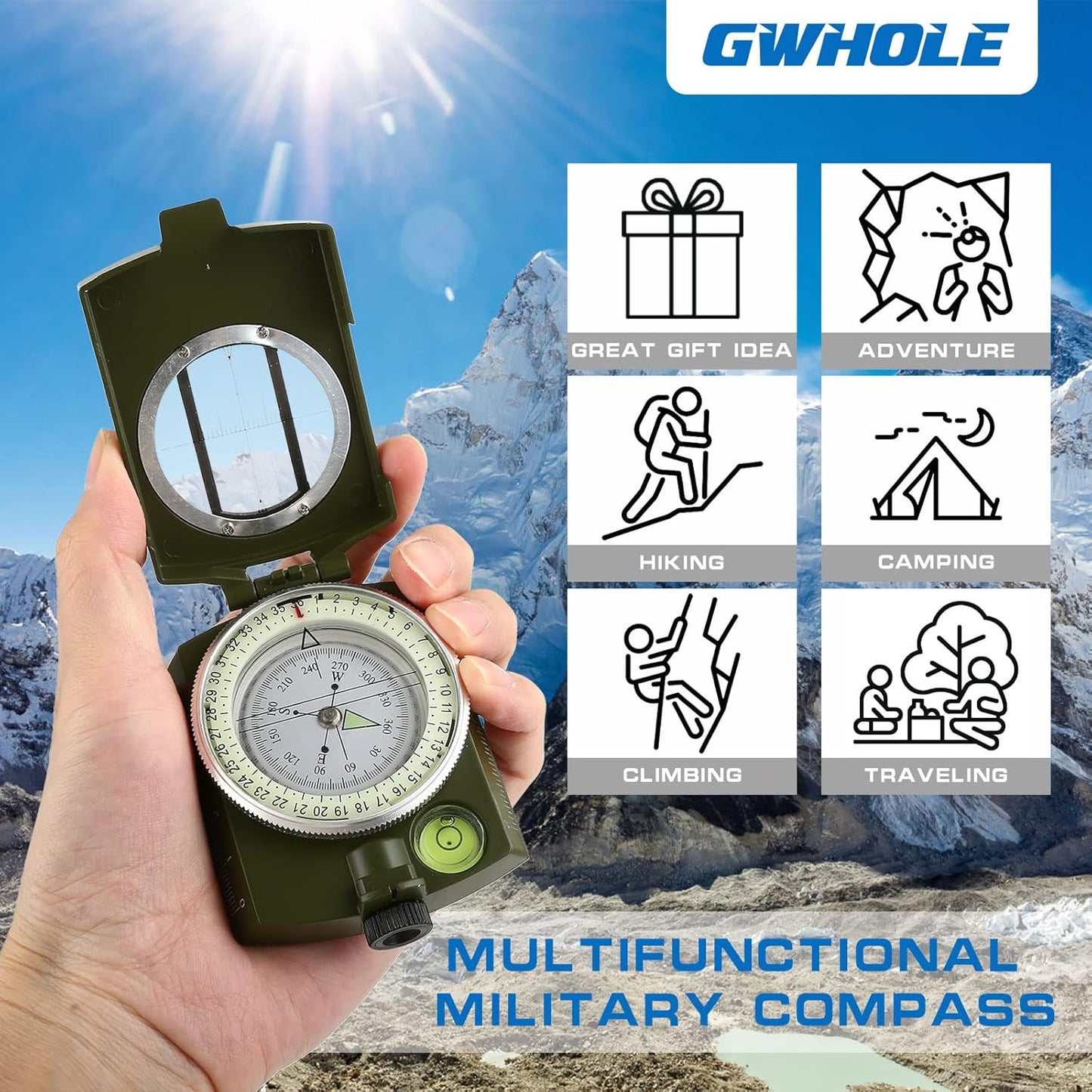 GWHOLE Military Lensatic Sighting Compass Waterproof for Outdoor Activities