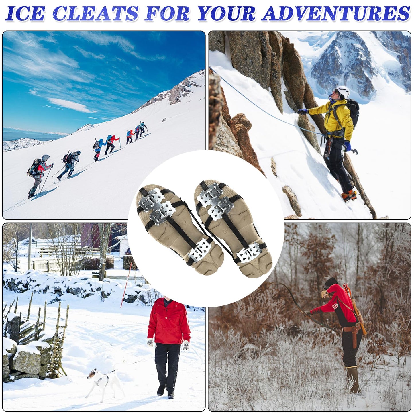 2 Pairs Crampons Ice Cleats for Shoes and Boots Universal 24 Steel Studs Snow Shoe Spikes Non Slip Snow Ice Grippers for Walking, Fishing, Climbing and Winter Hiking