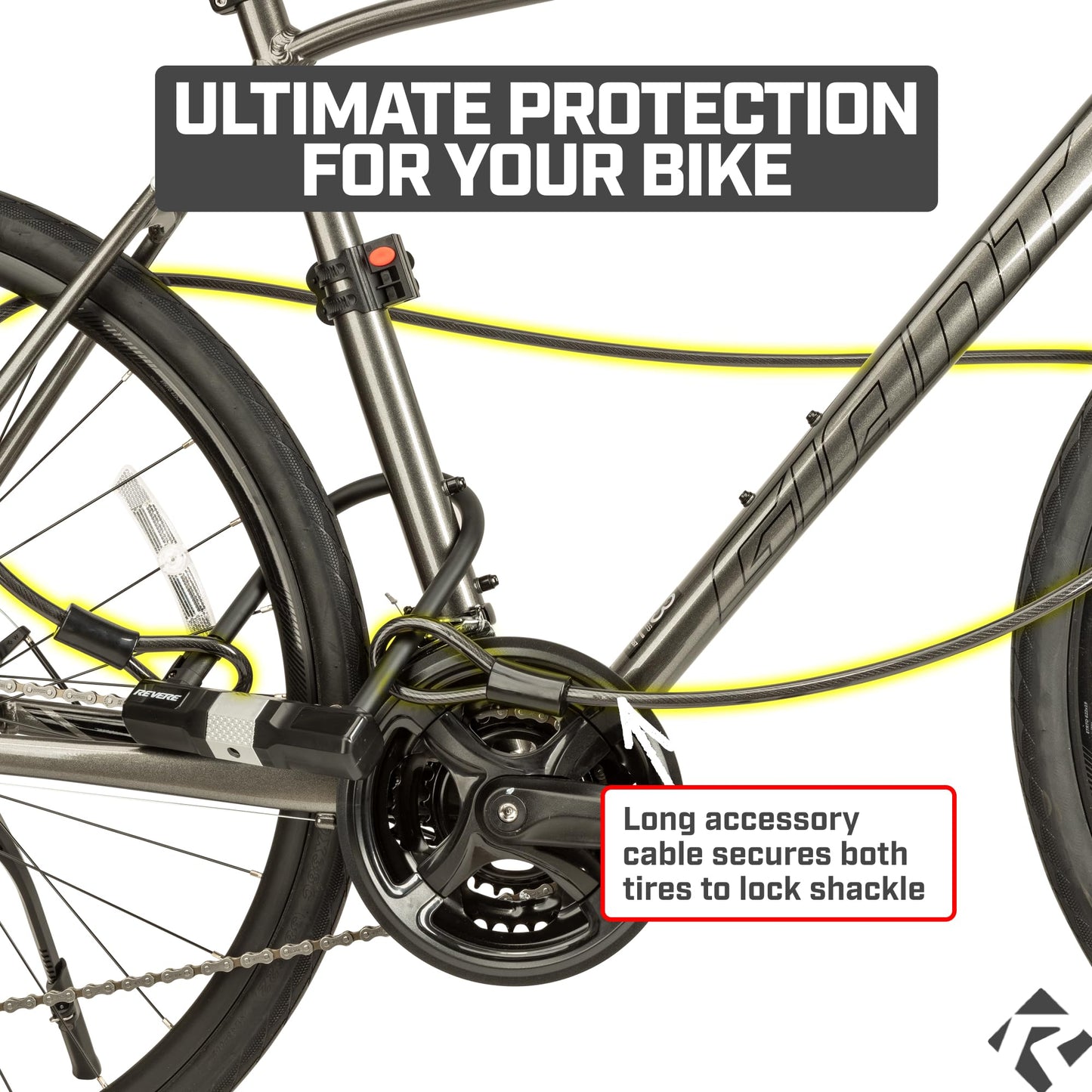 Revere USA Bicycle Keyed U-Lock with Extra Long Cable. Heavy Duty Hardened Steel. Protect Your Bike, e-Bike, Scooter or Motorcycle. Includes 2 Keys and Frame Mount. Anti-Mar Finish Ultimate Security.