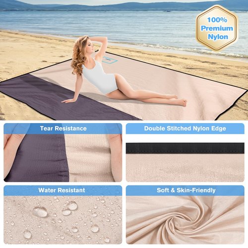 SKYREH Beach Blanket Waterproof Sandproof Large Beach Mat 79" X 87", Quick Drying Durable Portable Lightweight Outdoor Nylon Picnic Blanket for Travel Camping Hiking, Champagne Gold