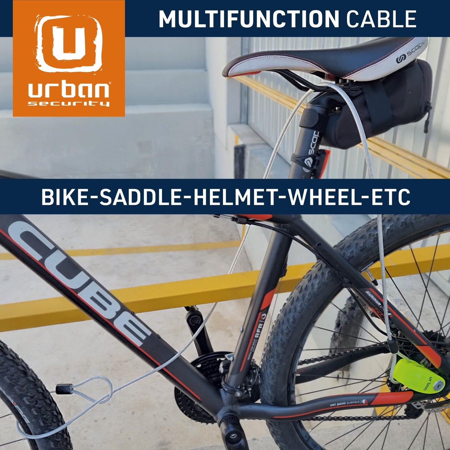 URBAN 5.200L Security Extension Cable for Disc Lock, 6,56ft/200cm, Flexible Braided Steel with Loops, Multifunctional Anti Theft Cable Lock for Bike, Motorcycle, Helmet, Bicycle, Electric Scooter