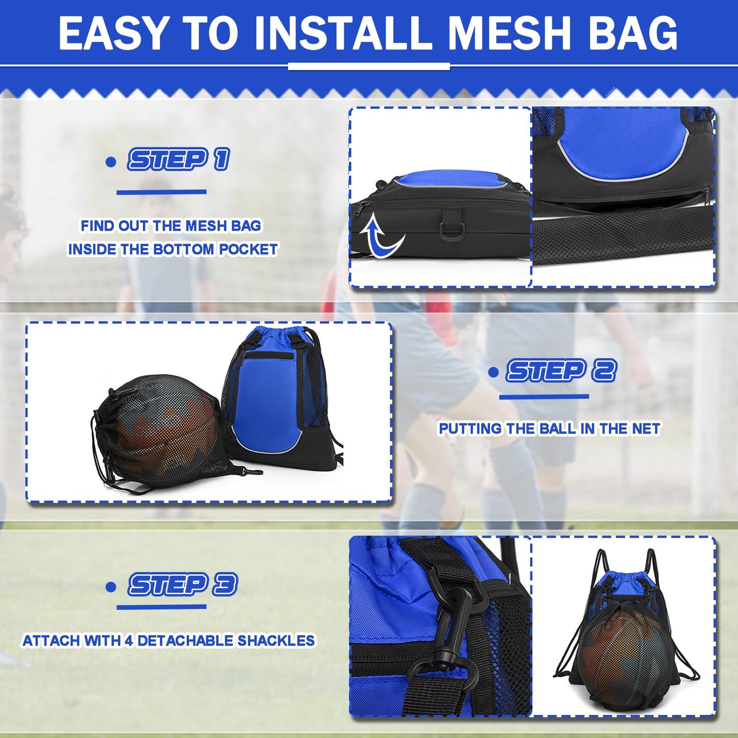 KAEGREEL Drawstring Soccer Bag Foldable Basketball Football Backpack Versatile Sports Bag with Detachable Ball Mesh Bag for Gym Volleyball Baseball Yoga, Blue