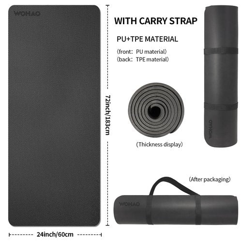 WOHAO Extra Thick TPE+PU Yoga Mat 71L x 24W x 0.33T, Non-Slip Eco-Friendly Exercise Mat with Carrying Strap, High-Density Cushion for Joint Support, Portable & Easy-Clean for Gym, Pilates, Yoga