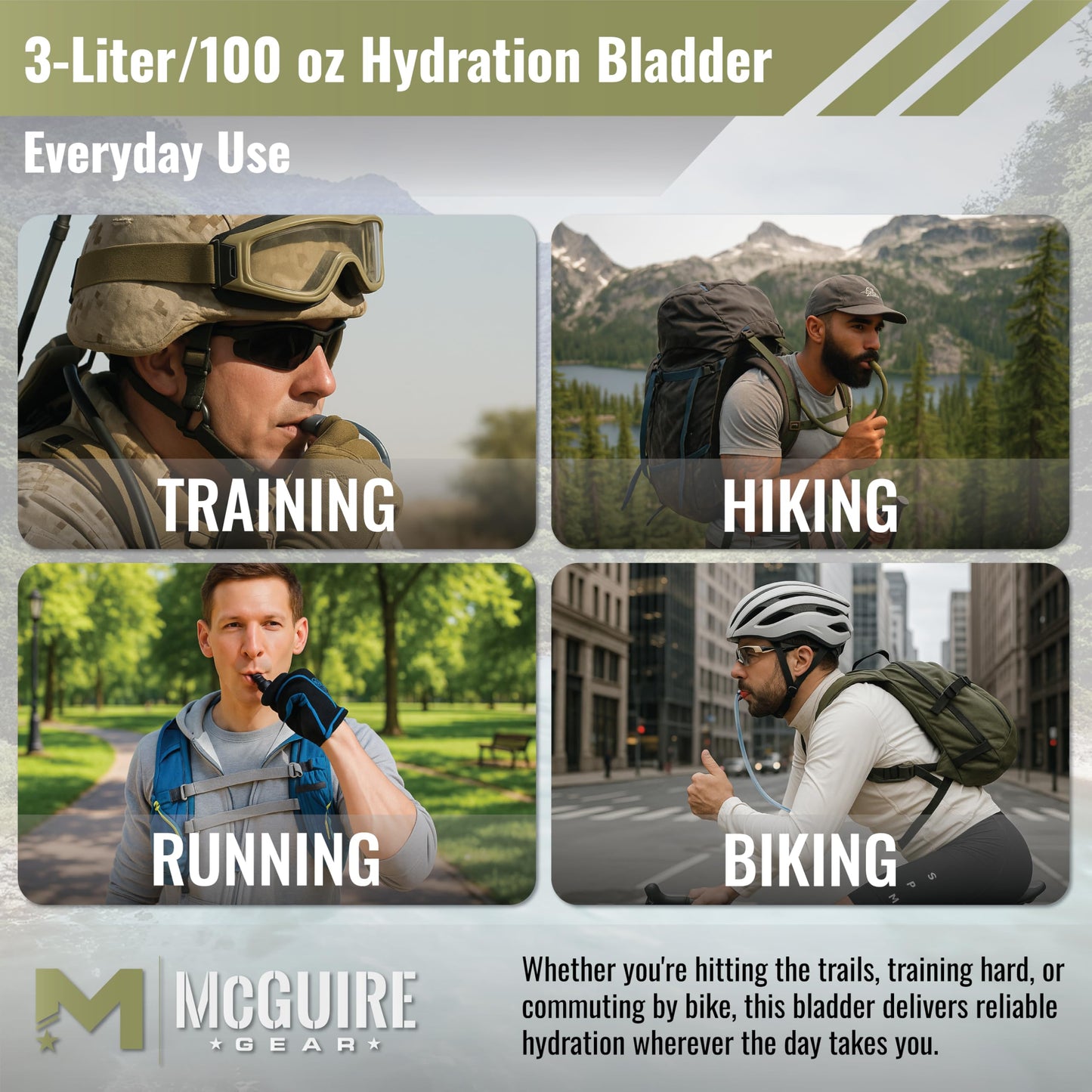 M MCGUIRE GEAR Hydration Bladder, 3L/100 oz. Water Bladder, Leak Proof Hydration Pack, Water Reservoir with Insulated Drinking Tube for Hiking, Cycling, and Biking (Tan)