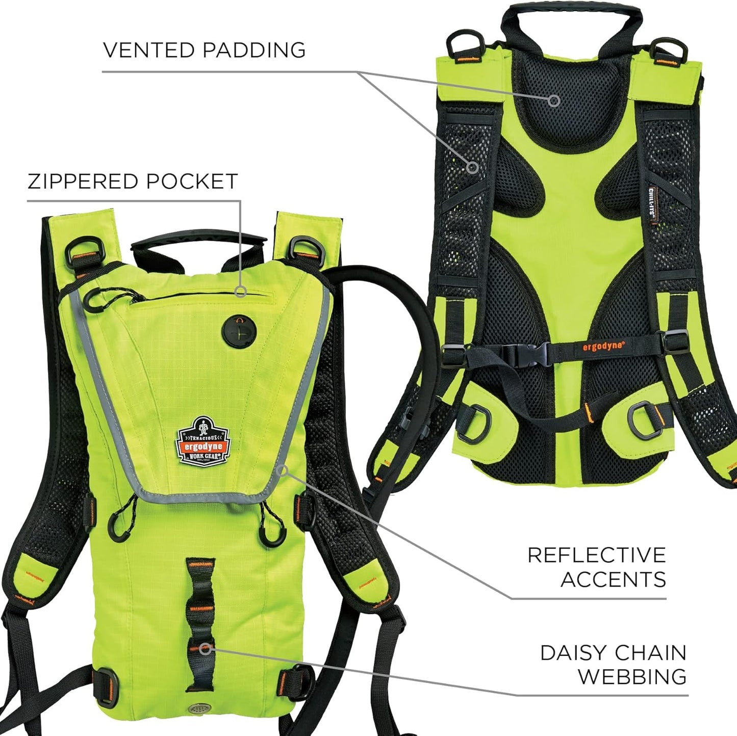 Ergodyne Chill-Its 5156 Hydration Backpack with Storage, Low Profile Pack, High Visibility Reflective, 3 Liter Bladder, Breakaway Shoulder Straps,Lime