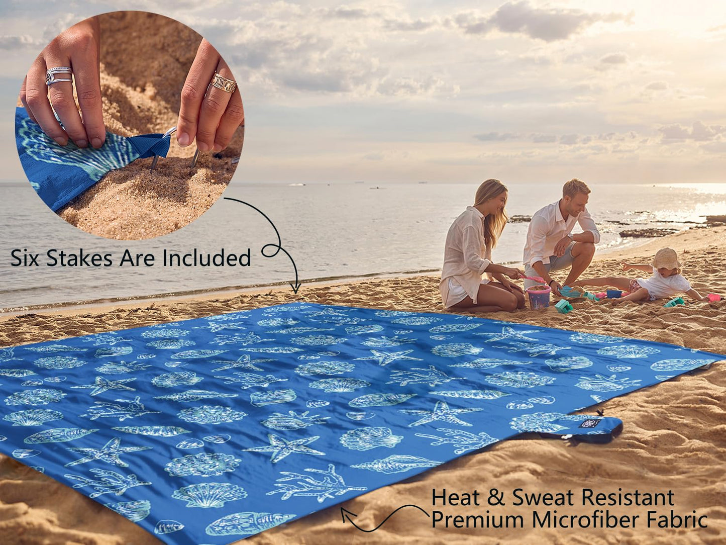 WEKAPO Beach Blanket Waterproof Sandproof Oversized, Extra Large Beach Mat Sand Free, Lightweight & Compact Sand Free Mat with 6 Stakes & 4 Corner Pockets (Blue Sea Shells, 8 x 7 FT (1~4 Person))