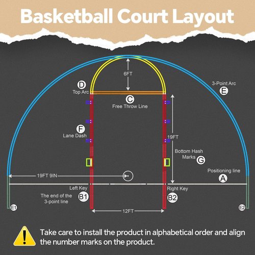 Reusable Basketball Court Marking Kit Foldable Design Basketball Court Stencil Kit for Concrete, Asphalt, Tiles, Driveway or Backyard - No Paint Included