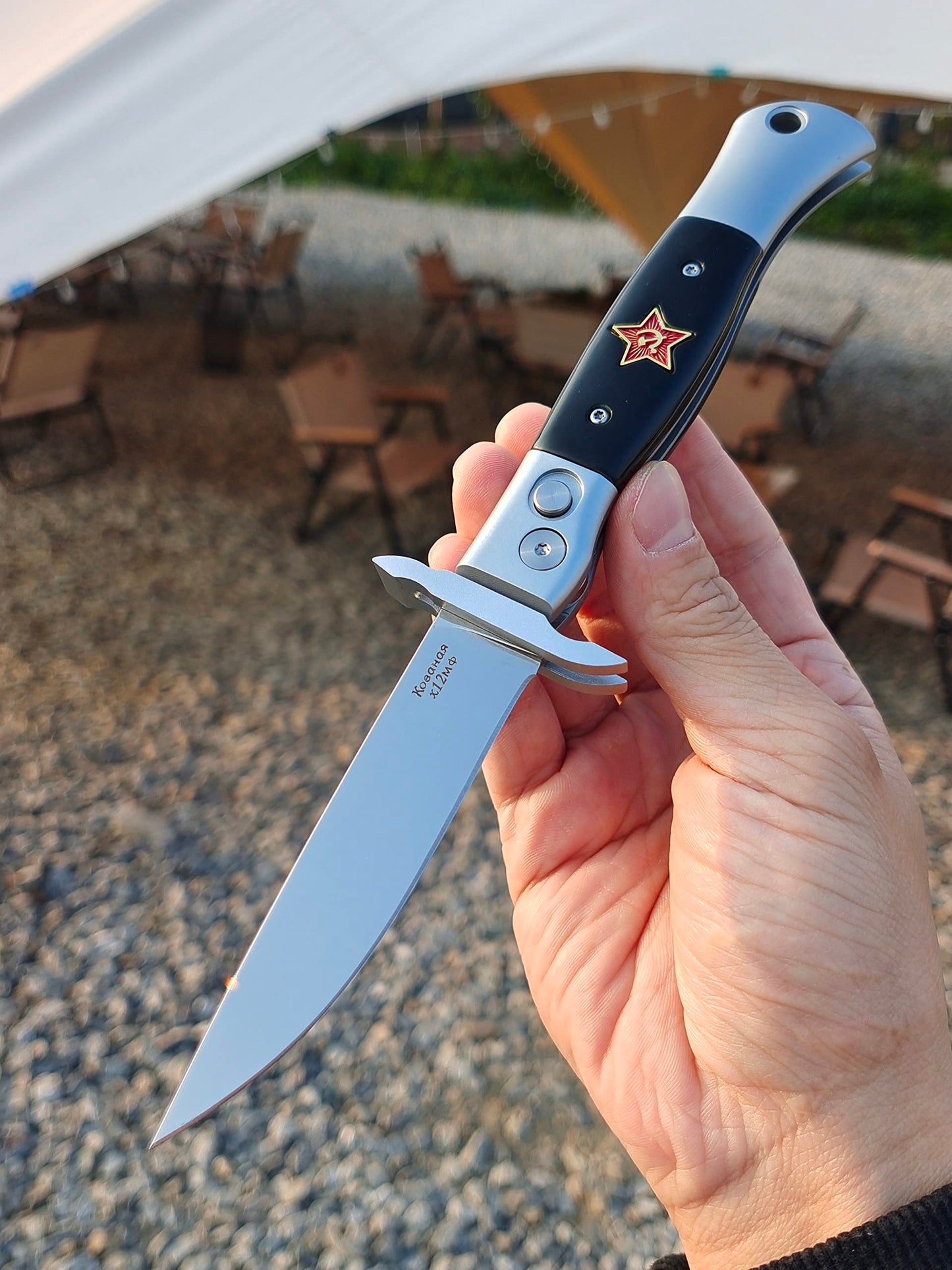 Russian Finka-NKVD KGB Folding Pocket Knife,3.74" Mirror Polished X12M Steel Blade,Aviation Aluminum Inlaid Resin Handle,Cowhide Sheath (Black handle)