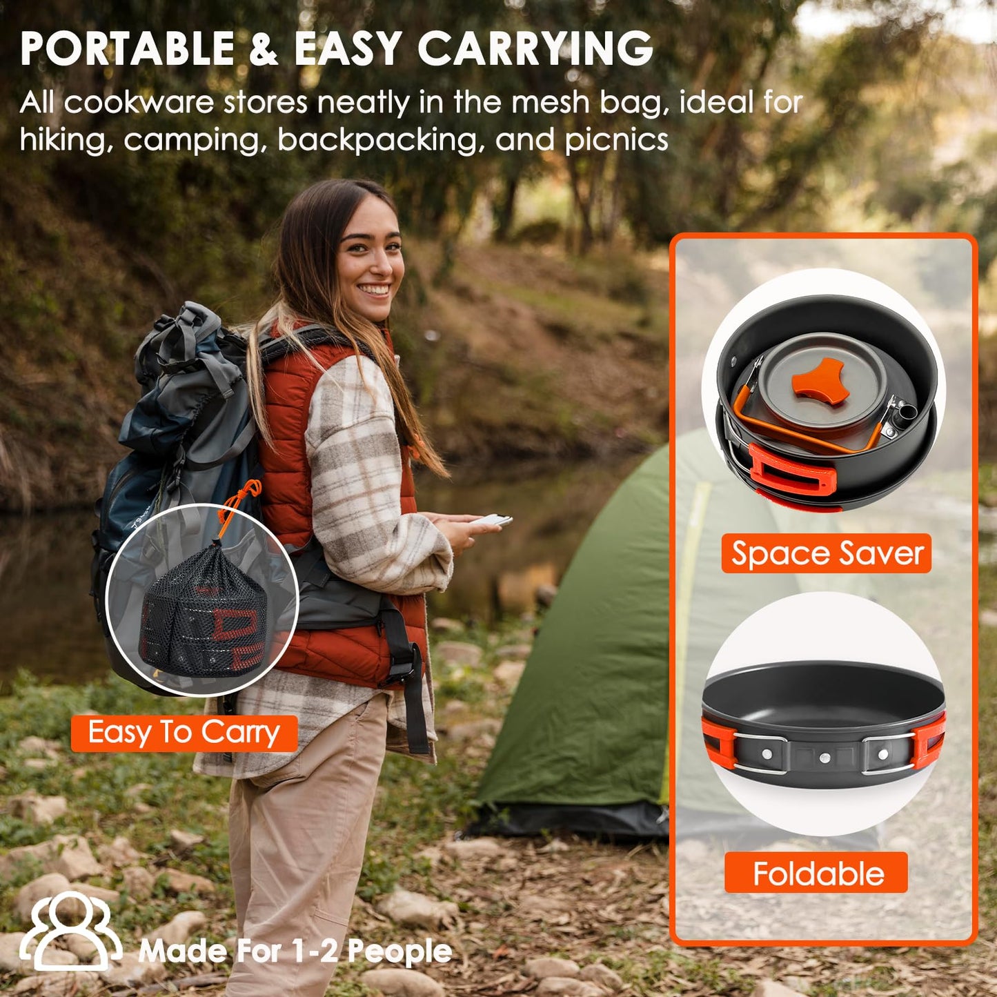 JUSFANE 20Pcs Camping Cookware Mess Kit, Non-Stick Lightweight Camping Pots and Pans with 1.1L Kettle, 2 Set Stainless Steel Cups Plates Forks Knives Spoons for Backpacking, Hiking, Outdoor Cooking