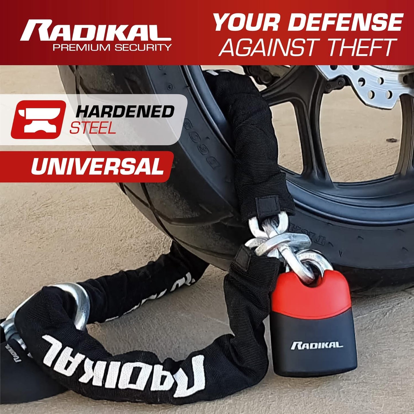 RADIKAL RK4120 Motorcycle Chain Lock Cemented Steel, ø0.39in, 3.93ft Long, 2X Link System, Anti-Scratch, High Security Padlock for Garage Security Anchor, Scooter, Electric Bicycle, Containers, Gates