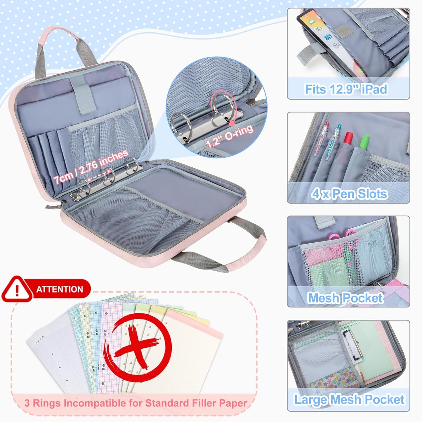 Yarwo Zipper Binder with 3 Pencil Pouches, Small File Organizer with Multiple Pockets & Padded Sleeve Fits 12.9” iPad and Stationery for School, Office, Work, Pink