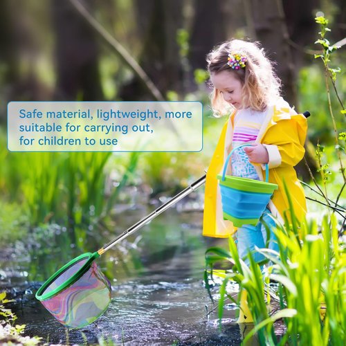 Autokcan 2PCS Fishing Net with Bucket, Telescopic Fishing Landing Net, Collapsible Kids Sand Bucket, Kids Fish Butterfly Catching for Freshwater Saltwater Outdoor Activities