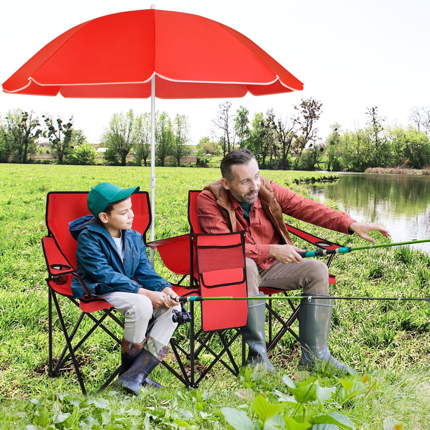 Julimoon Double Folding Camping Chairs w/Removable Umbrella, Portable Picnic Loveseat w/Mini Table, Cup Holder & Carrying Bag, 2-Person Picnic Chairs for Patio, Beach, Picnic, Outdoor (Red)