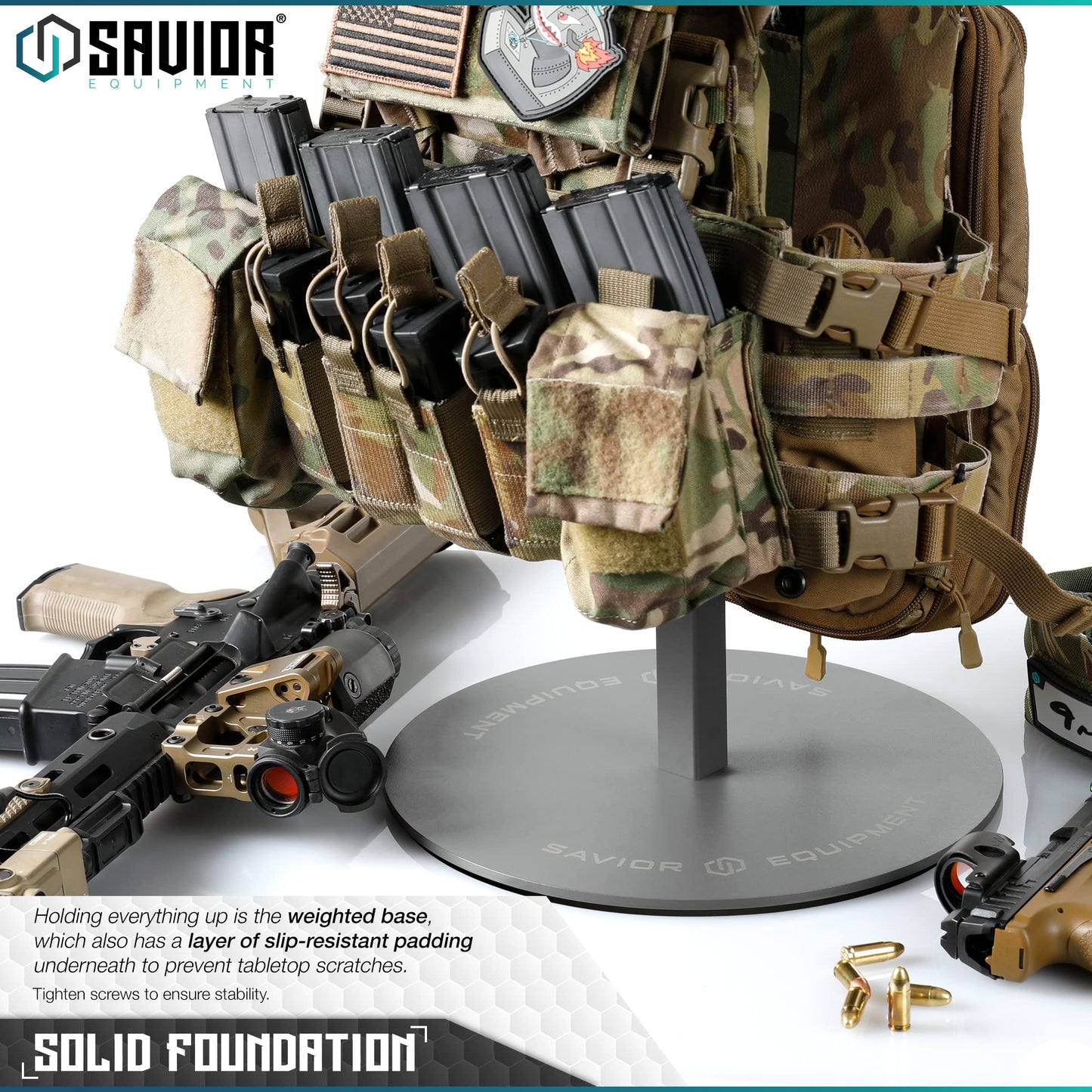 Savior Equipment H.P.C Tactical Gear Stand Tabletop Helmet Vest Display Rack, Military Gear Holder Plate Carrier Indoor Home Garage Free-Standing Organizer, SW Gray