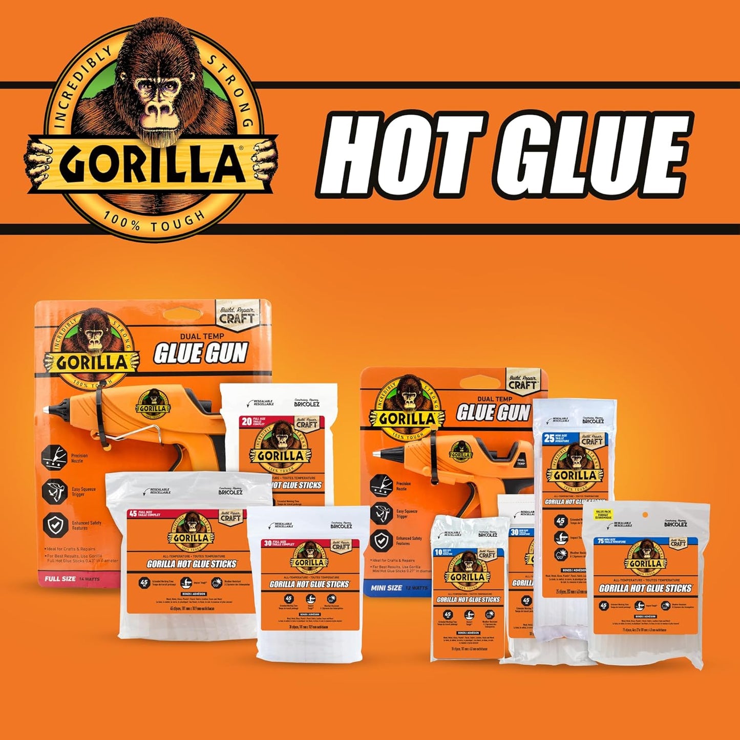 Gorilla Mini Hot Glue Gun Kit (Pack of 1 Mini Hot Glue Gun and 30 Sticks) - Dual Temp, Precision Nozzle, and Easy Squeeze Trigger