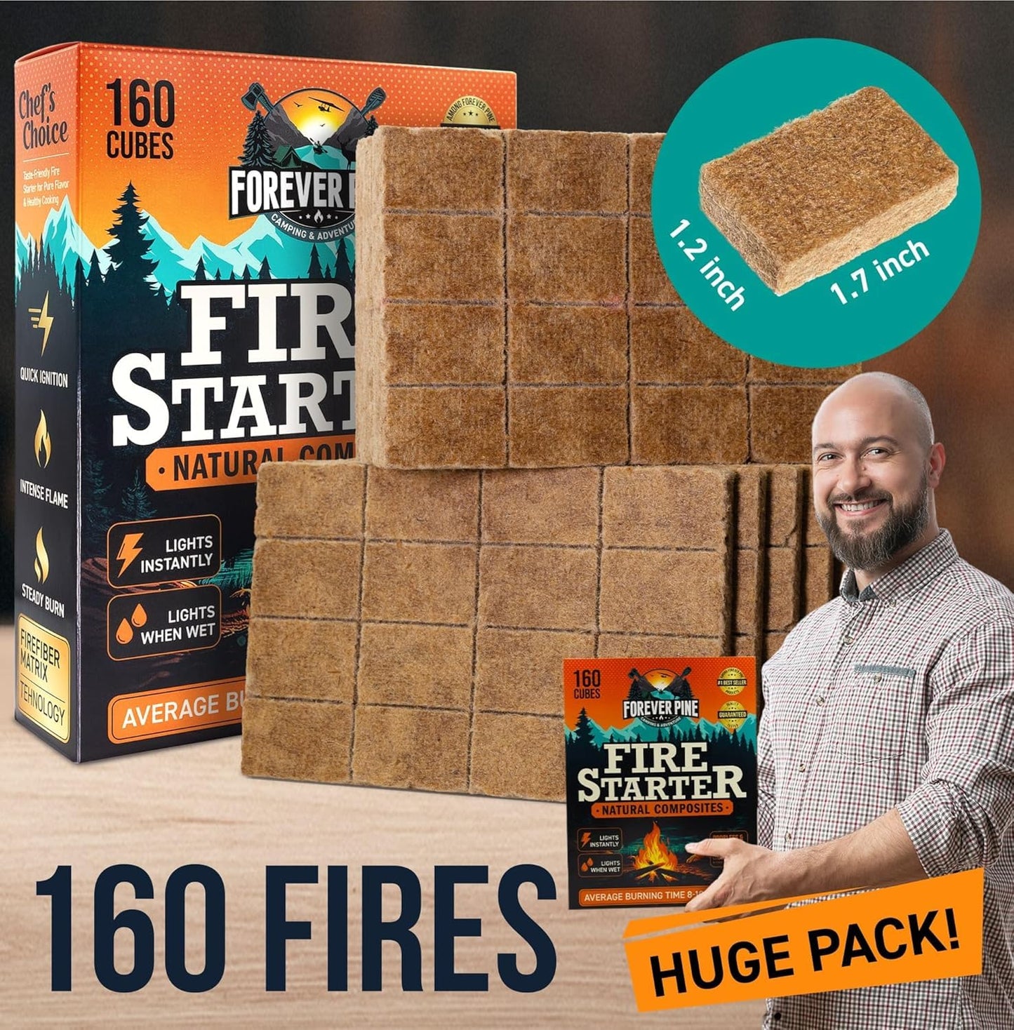 Fire Starter Cubes, 160 pcs - Easy BBQ Ignition - Natural, Waterproof & Odorless Firestarter Squares for Campfire, Charcoal Grill, Outdoor Fire Pit, Wood Stove, Fireplace, Logs - Camping Essentials