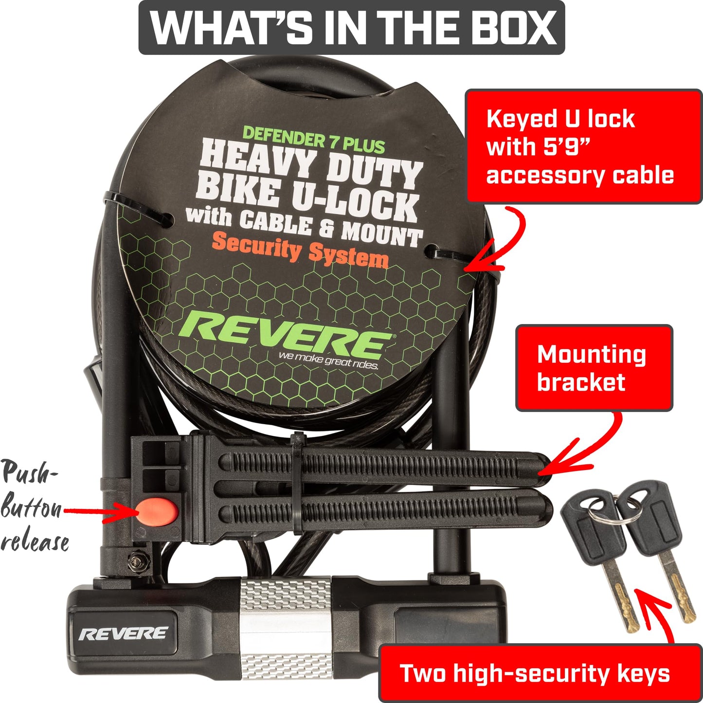 Revere USA Bicycle Keyed U-Lock with Extra Long Cable. Heavy Duty Hardened Steel. Protect Your Bike, e-Bike, Scooter or Motorcycle. Includes 2 Keys and Frame Mount. Anti-Mar Finish Ultimate Security.