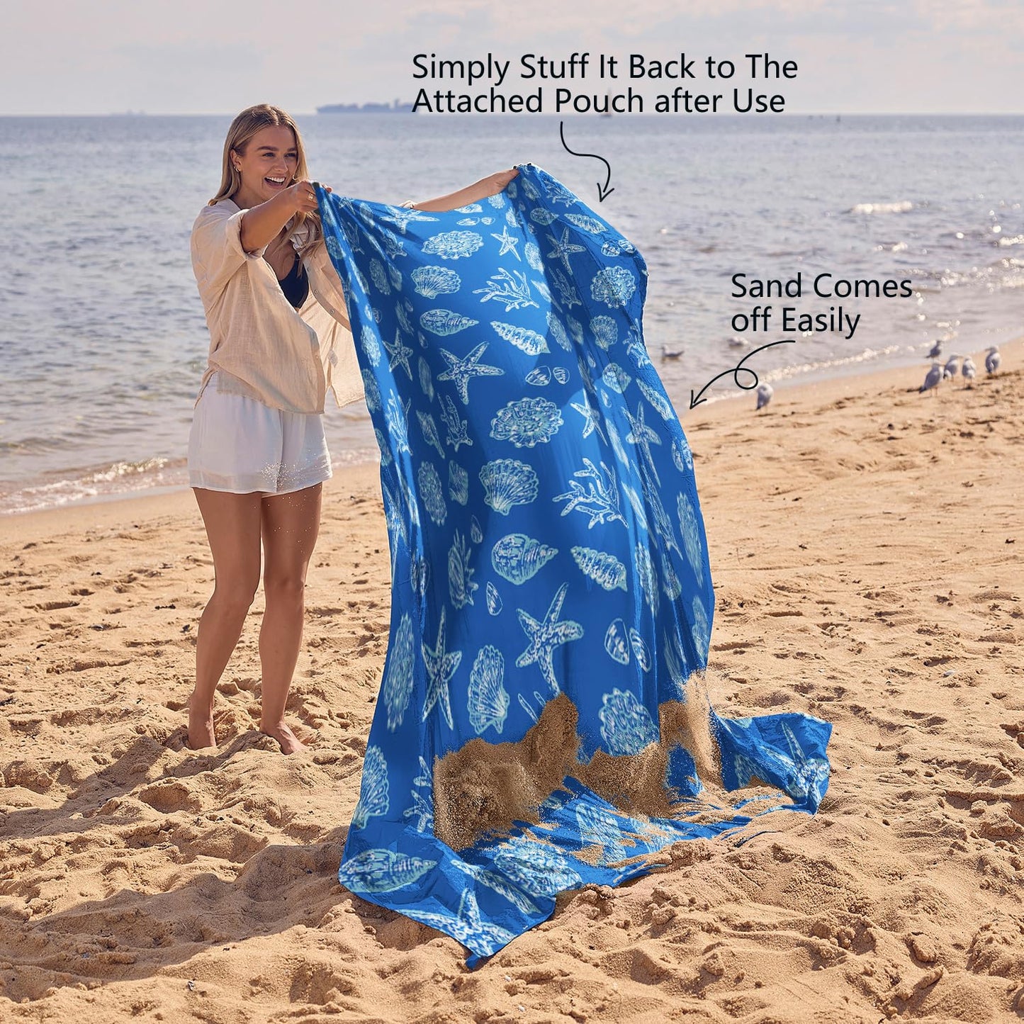 WEKAPO Beach Blanket Waterproof Sandproof Oversized, Extra Large Beach Mat Sand Free, Lightweight & Compact Sand Free Mat with 6 Stakes & 4 Corner Pockets (Blue Sea Shells, 8 x 7 FT (1~4 Person))