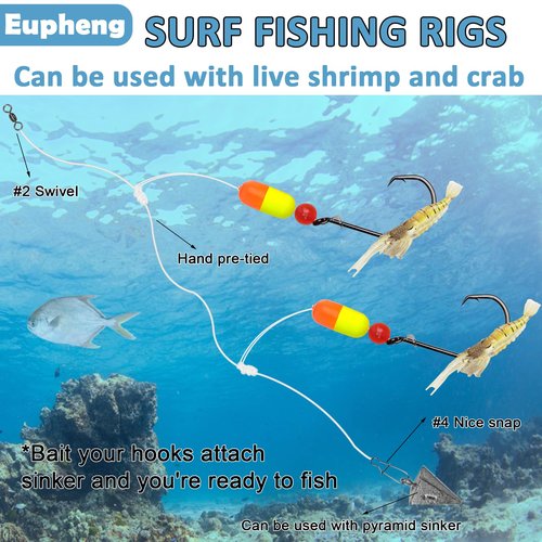 Eupheng Saltwater Pre Rigged Pompano Rigs for Surf Fishing High Low Rigs with Floats Beads Double Circle/Wide Gap Hooks 6/12PCS (6PCS-1/0# Circle Hook-3 Colors (Each Color 2))