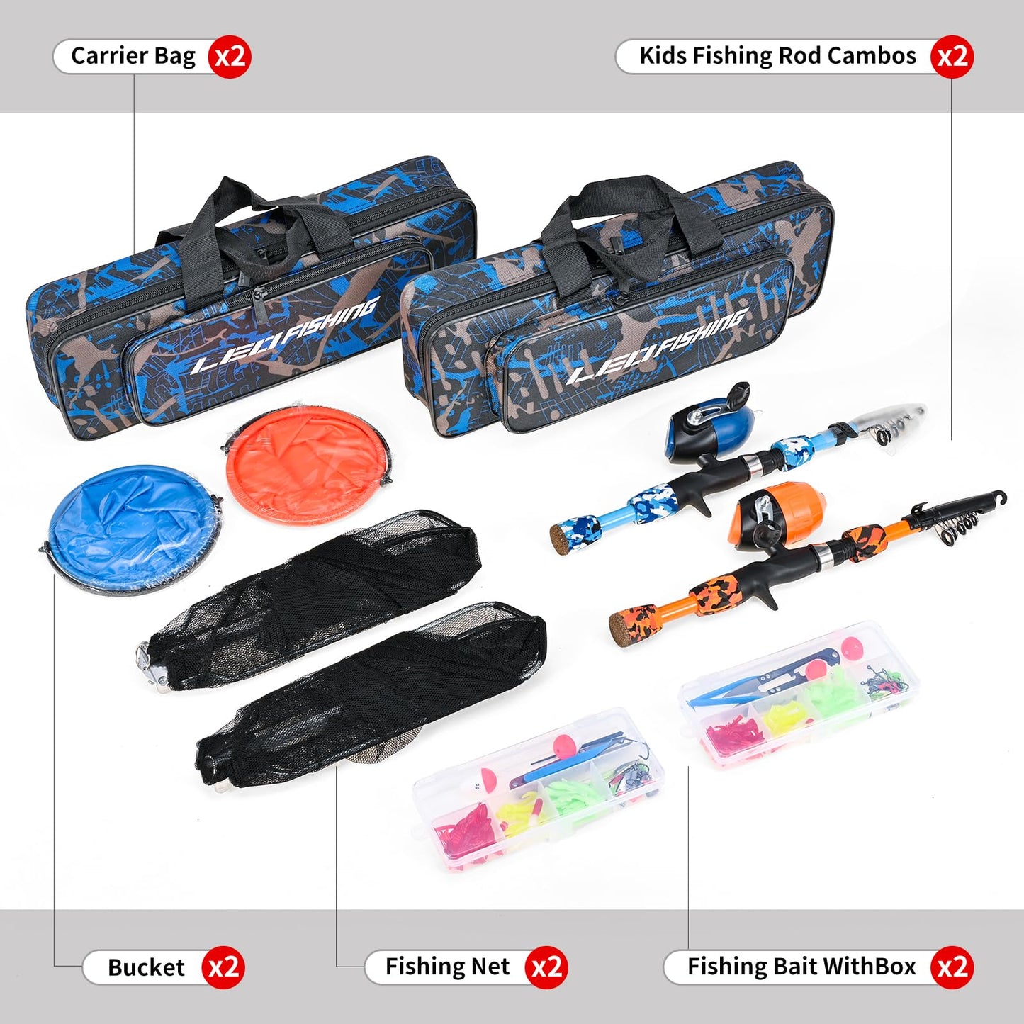 LEOFISHING 2 Set Kids Fishing Pole Set with Full Starter Kits Portable Telescopic Fishing Rod and Reel Cambos with All The Necessary Fishing Kits for Boys Girls and Youth (2set (Blue +Orange))