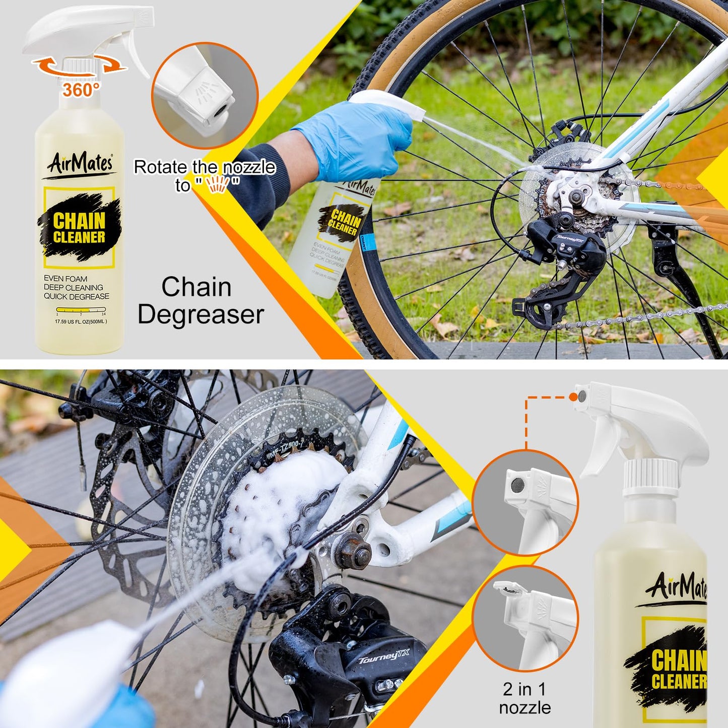 Airmates Bike Chain Cleaning Kit - Including Bicycle Chain Cleaner Degreaser, Cycling Chain Lube, Bike Cleaner Brush Tool and Gloves Suitable for MTB Ebike Road Bike and Trail Bikes