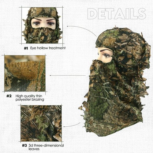 SXAOZYRS 2-Piece Set Ghillie Camouflage 3D Leafy Full Face Mask Camo Hunting Gloves, Turkey Camo Hunter Hunting Accessories for Turkey Hunting Fishing Hunting Tactical Camouflage