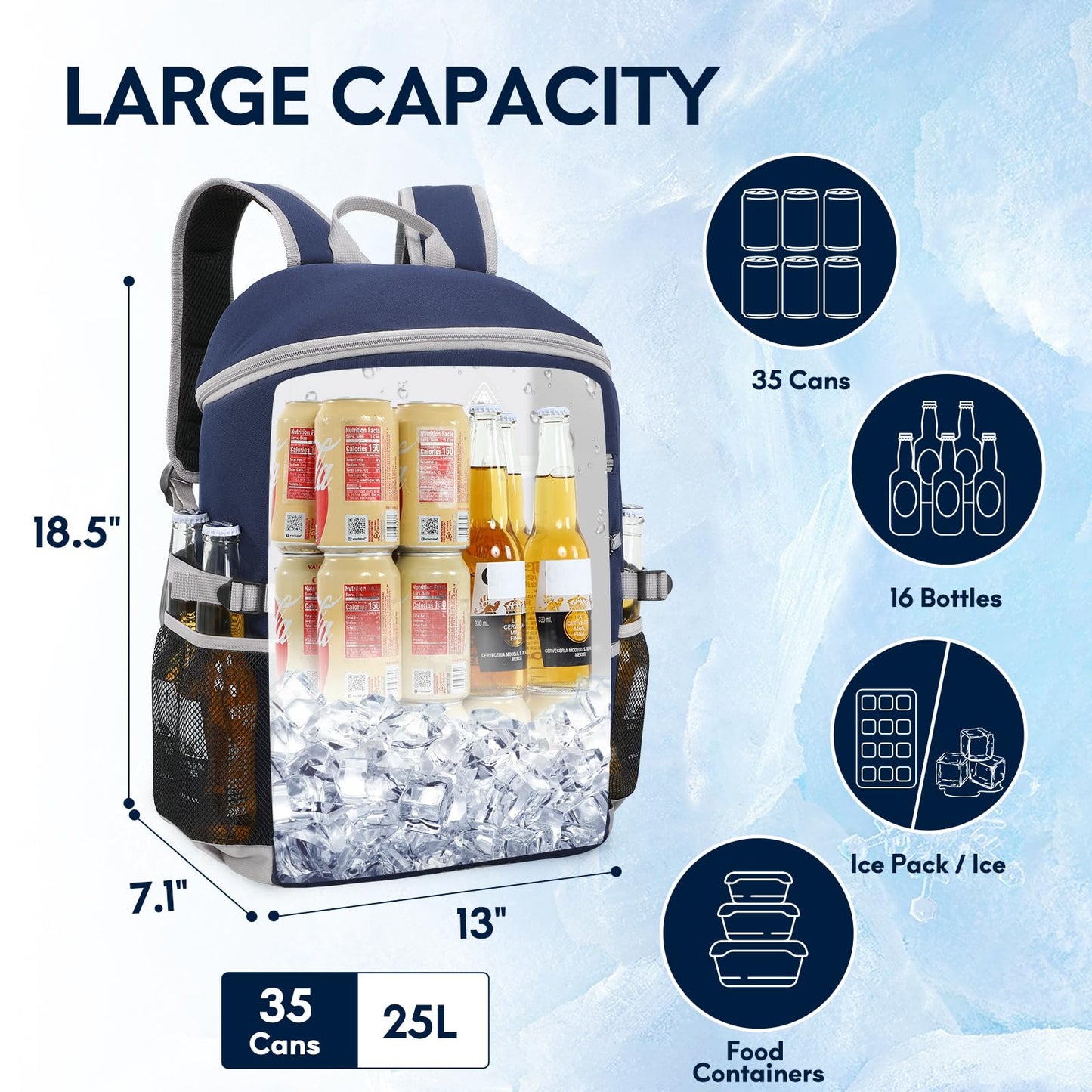 Haimont Insuated Backpack 35 Can Leakproof Thermal Lunch Cooler Backpack for Men Women, Lightweight, Navy Blue, New Version